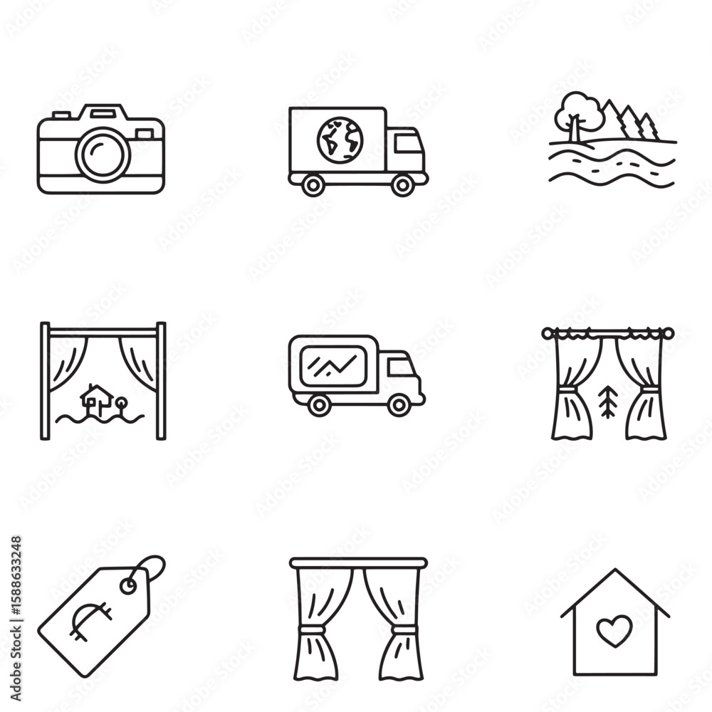 Poster simple linear icon set featuring various objects such as trucks nature and home elements