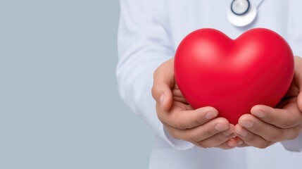 Doctor Checking Heartbeat with Red Heart Ball World Heart Health Day Medical Concept, Physician Using Stethoscope and Red Heart Stress Ball Life Insurance Health Check Scene,