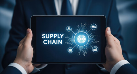 Supply Chain Management on Tablet: Global Logistics, Distribution and Network Solutions for Modern Business Operations and Efficiency Concept