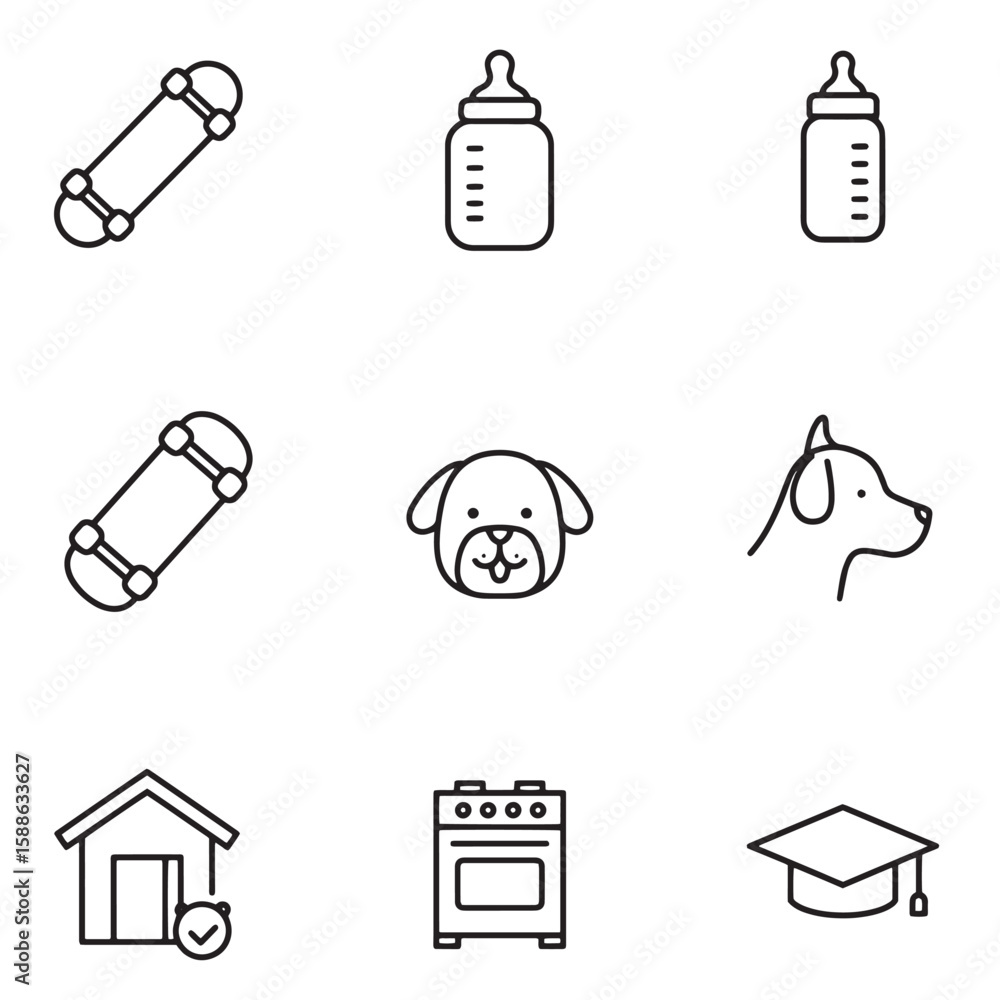 Poster simple minimalistic outline icon set of everyday objects including skateboards and dogs