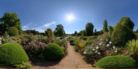 Obraz premium 360 degrees panoramic view of a vibrant garden nature hdr landscape high-quality hdri