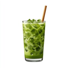 Refreshing Green Beverage with Ice Cubes in a Tall Glass with Straw for a Cool Summer Drink