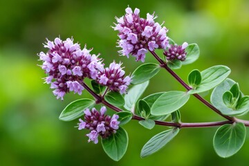 Fototapeta premium Blooming oregano sprig with vibrant purple flowers and green leaves