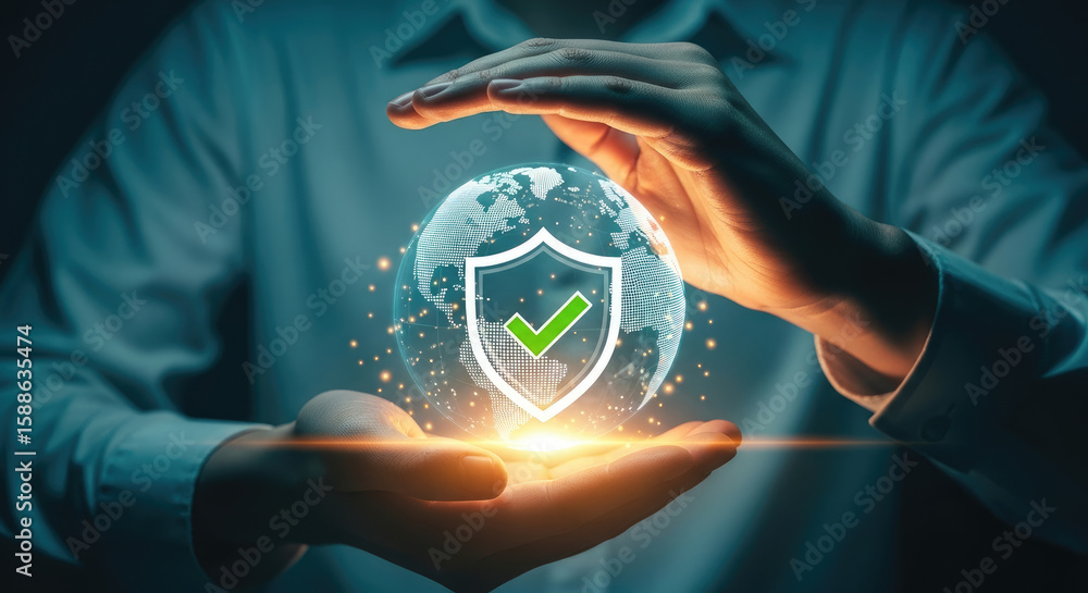 Poster global security and protection concept: hands holding a glowing globe with a shield and checkmark, r