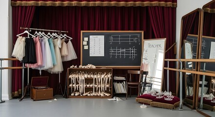 Ballet studio scene with costumes on a rack, pointe shoes, a chalkboard, and a mirror, creating a backstage atmosphere.