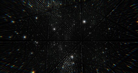 Abstract Infinite Grid Tunnel with Sparkling Lights and Chromatic Aberration