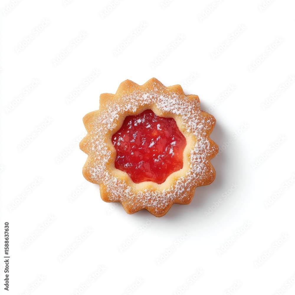 Poster delicious raspberry jam tart topped with powdered sugar showcasing intricate round shape on a clean 