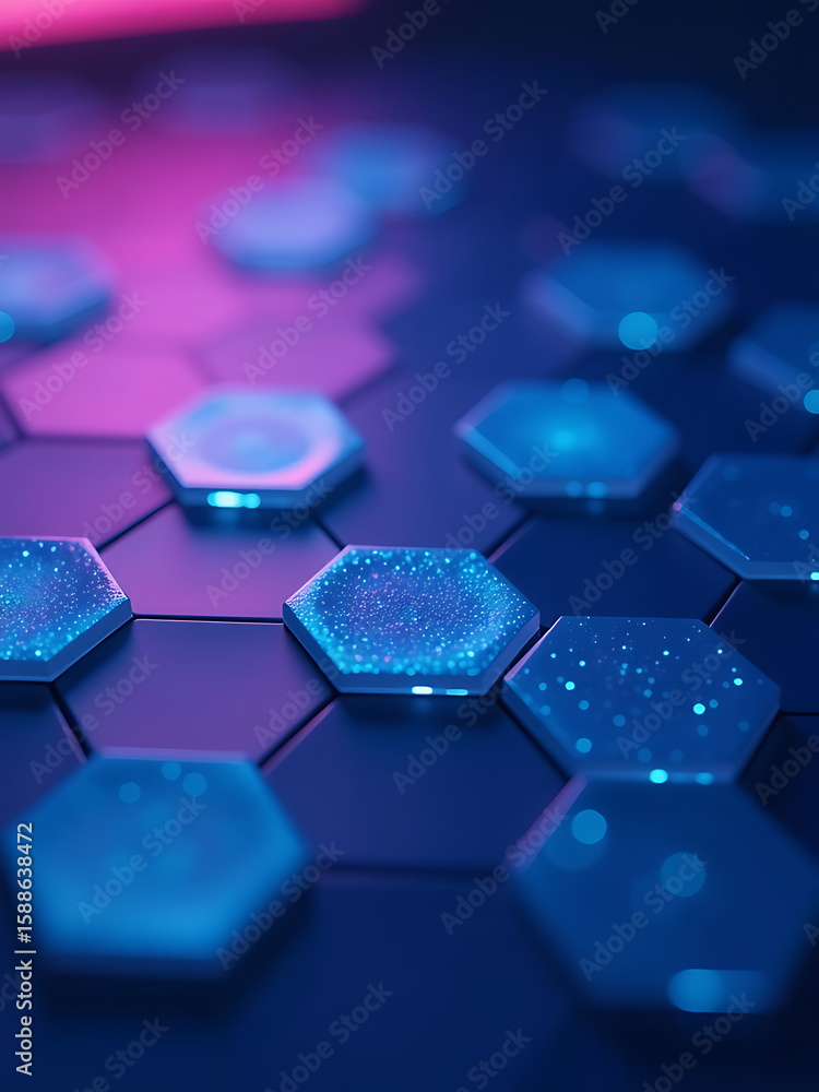 Poster glowing hexagonal grid iridescent blue purple hues softly fades deep dark indigo background subtle gradient transitions