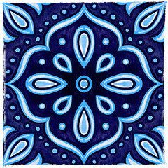 Blue Azulejo Watercolor Tile Square Floral Ornament, Vintage Mediterranean Isolated Illustration with Edged Border