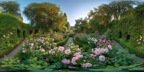 Obraz premium 360 degrees panoramic view of a beautiful rose garden in hdr nature's tranquil paradise