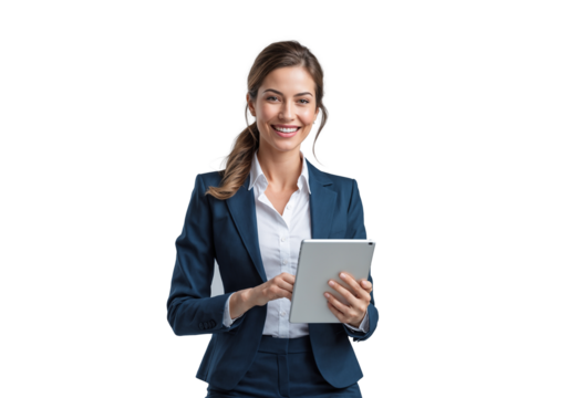 Professional Woman in Blue Suit Holding Tablet isolated on transparent background. Generative Ai