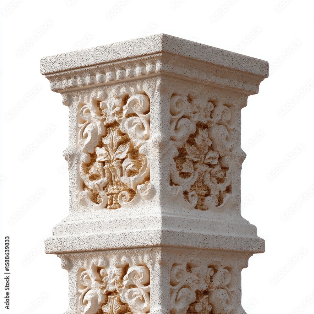 Poster ornate textured stone column with intricate floral patterns and classical design elements for archit