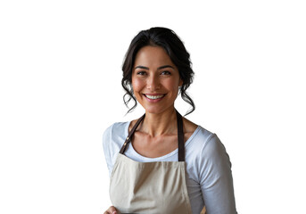 Woman in White Shirt and Beige Apron Smiling Warmly isolated on transparent background. Generative Ai