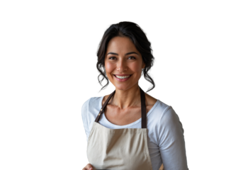 Woman in White Shirt and Beige Apron Smiling Warmly isolated on transparent background. Generative Ai