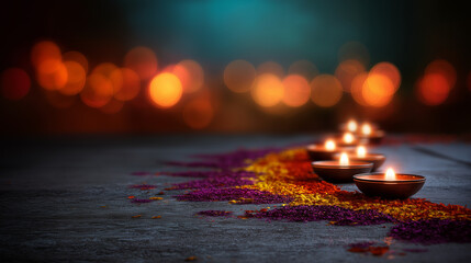 Low angle closeup of vibrant rangoli pattern on smooth stone floor with glowing tealight holders
