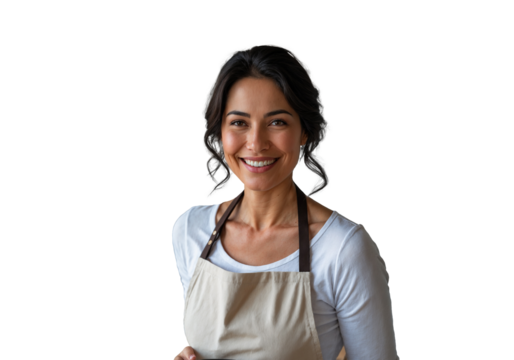 Woman in White Shirt and Beige Apron Smiling Warmly isolated on transparent background. Generative Ai