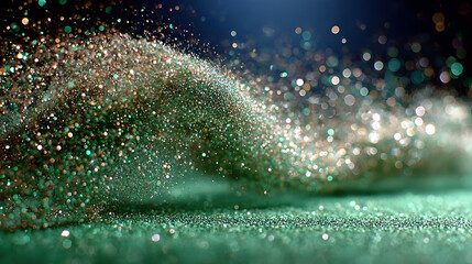 Abstract Green and Gold Glitter Wave Background
