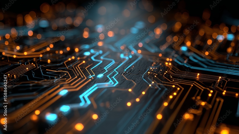 Poster abstract circuit board design with glowing blue and orange lights signifying advanced technology and