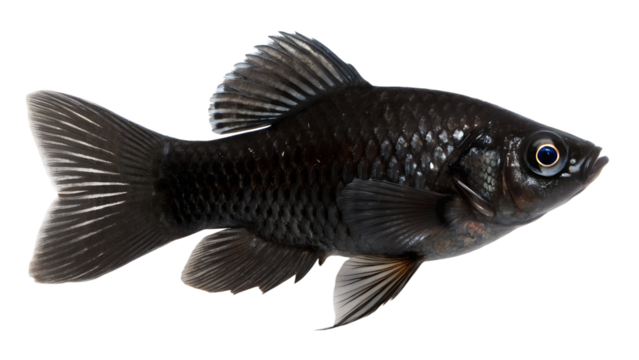 A black goldfish with a sleek body and flowing fins swims gracefully. The fish has a shiny, dark appearance and distinct scales, set against a transparent background.