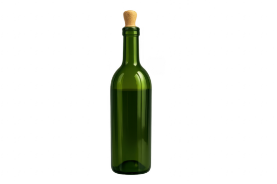 Green wine bottle with cork on transparent background