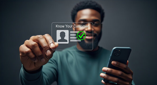 African American Man Holding Smartphone with Know Your Customer Concept. KYC Compliance, Customer Verification, Digital Identity and User Authentication.