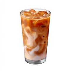 Refreshing iced coffee drink with creamy swirls and ice cubes in a clear glass on a bright background