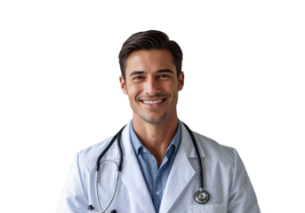 Smiling Male Doctor in White Coat and Stethoscope isolated on transparent background. Generative Ai