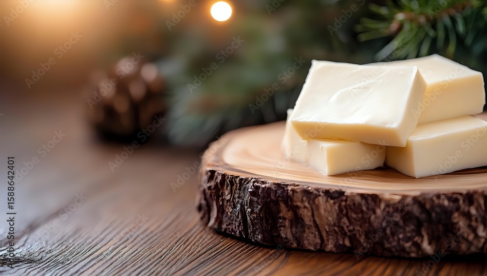 Poster fresh white chocolate bars stacked on rustic wood slice with pine cone and evergreen branch in soft 