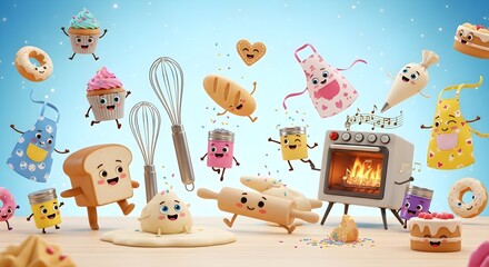 Animated bakery scene with smiling baked goods, aprons, and baking tools.