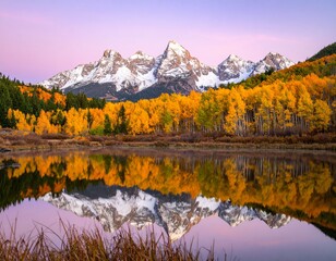 Naklejka premium Alpine Serenity: Fall Colors and Mountain Reflections