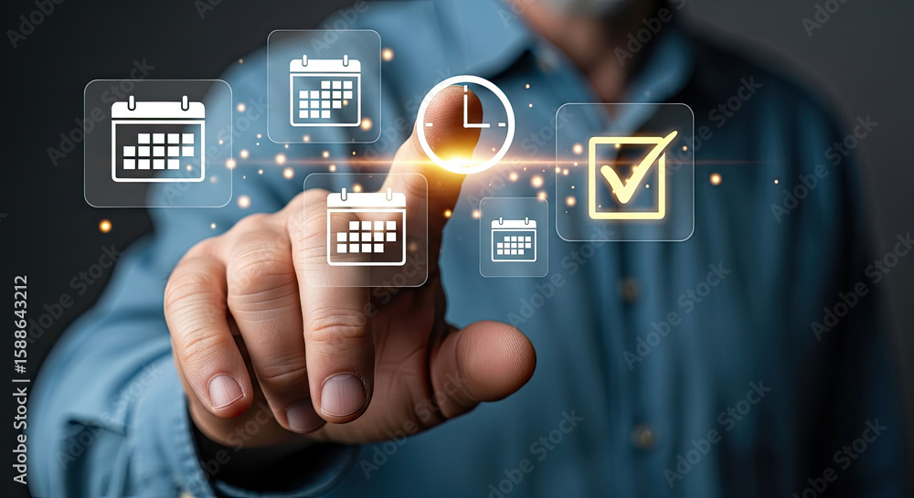 Poster scheduling and time management concept: man taps digital interface with calendar, clock, and checkli