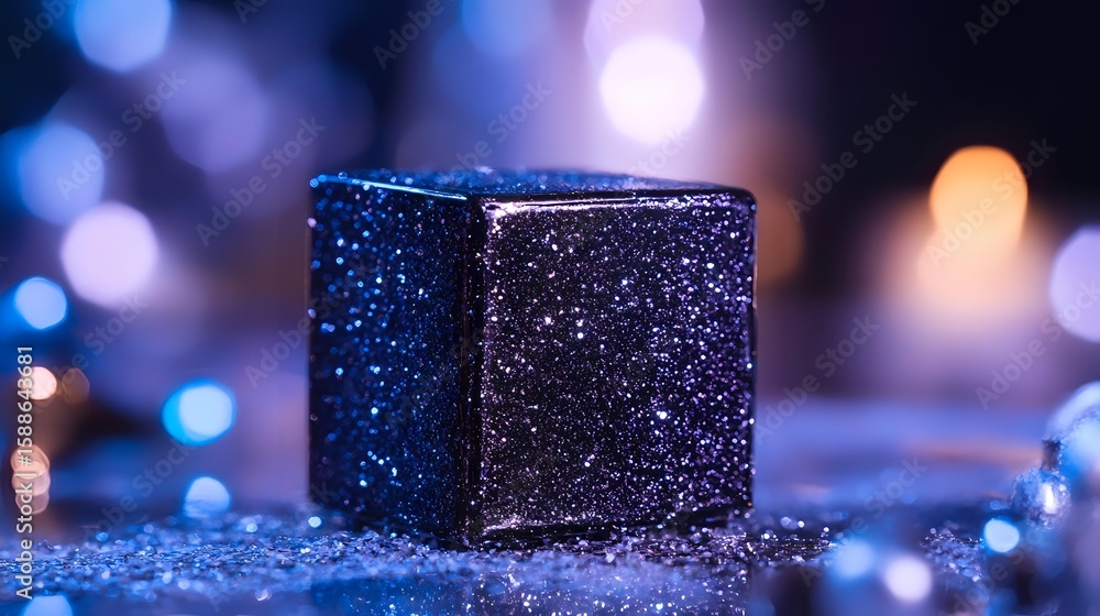 Aufkleber glittering black cube with sparkly texture against blurred blue bokeh background creates magical atm
