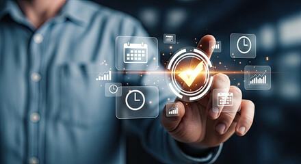 Business Process Automation: Man Interacting with Digital Interface for Task Management, Scheduling, and Workflow Optimization for Efficiency