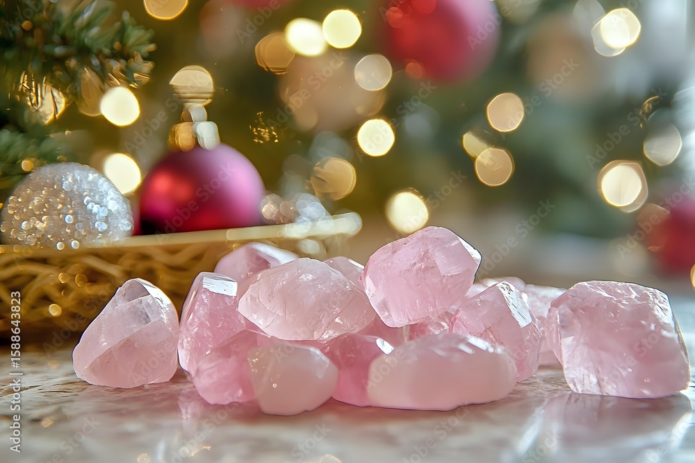 Poster raw rose quartz crystals scattered on surface with festive christmas tree and ornaments blurred in b