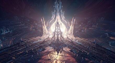 Intricate abstract fractal structure with radiating light, creating a sense of depth and otherworldly landscape.