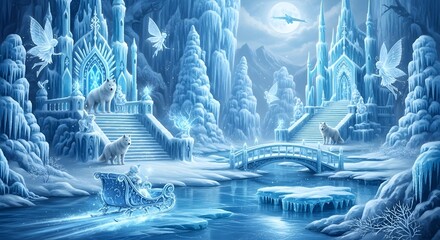 An icy landscape with frozen castles, wolves, and a person riding a sleigh on a frozen river under a full moon.