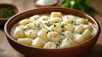 Homemade potato gnocchi in creamy white sauce garnished with fresh herbs and black pepper, served in rustic ceramic bowl on wooden surface.