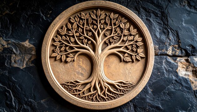 Carved tree of life medallion on dark stone - Powered by Adobe