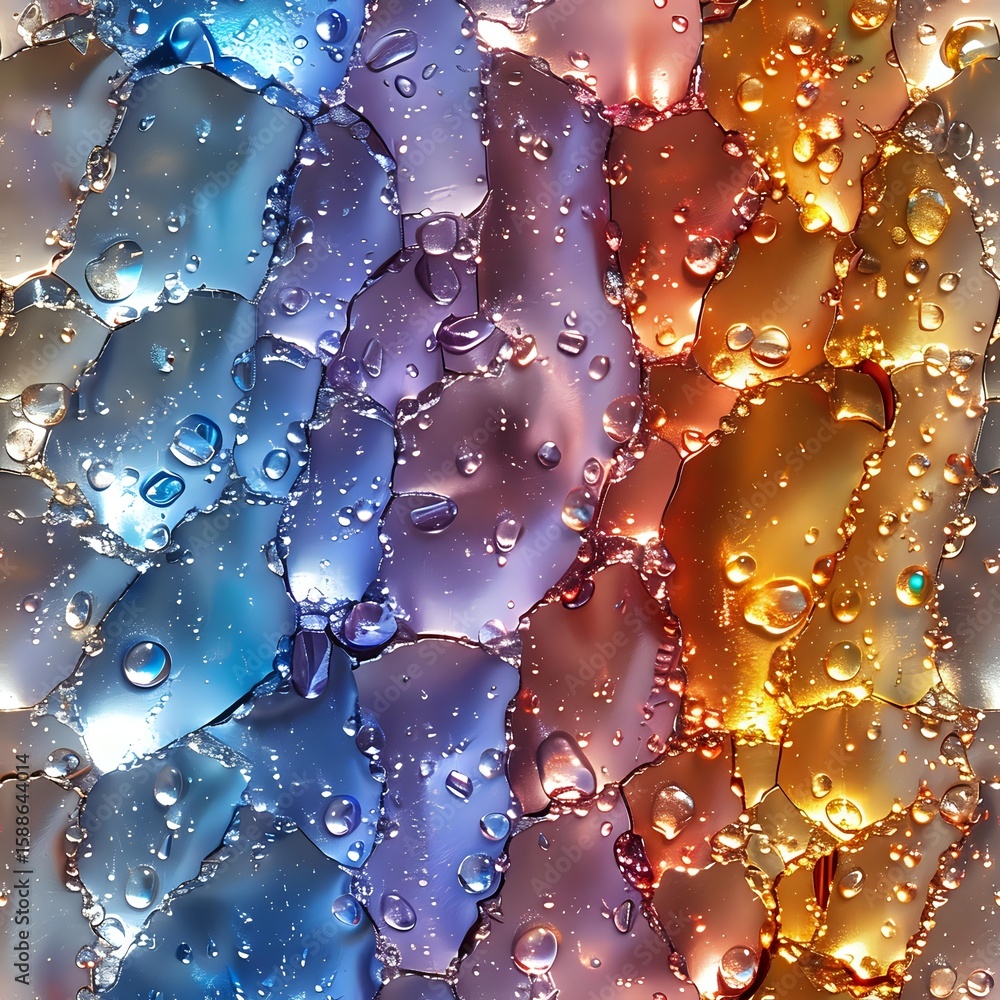 Poster water drops on multicolored gradient surface creating abstract pattern with blue, purple and golden 