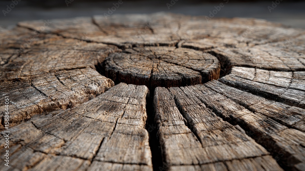 Poster close-up of weathered tree stump with radial cracks and visible growth rings. use for representing a
