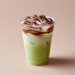 Refreshing iced matcha beverage topped with chocolate drizzle in a clear cup against a soft pastel background