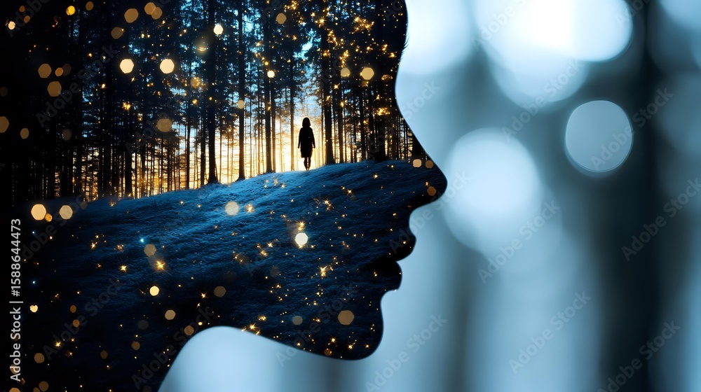 Poster silhouette of face with double exposure effect showing mysterious figure walking in illuminated wint