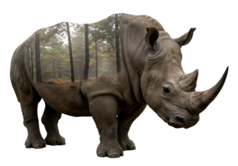 Isolated Rhino Silhouette with Forest Double Exposure