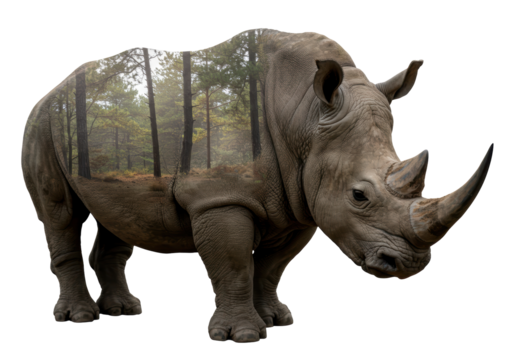 Isolated Rhino Silhouette with Forest Double Exposure