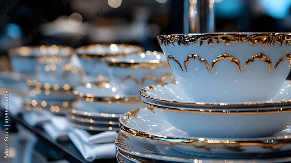 Poster elegant white porcelain teacups with ornate gold trim stacked on saucers, creating luxurious table s