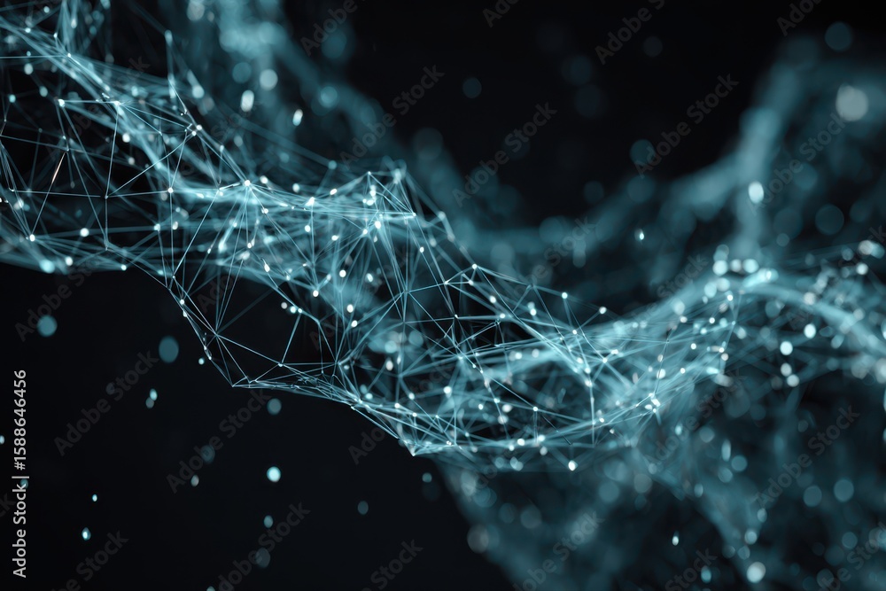 Poster a futuristic and abstract blue background with intersecting lines and dots, resembling a high-tech d