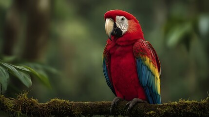 Obraz premium Scarlet macaw perched mossy branch parrot bird