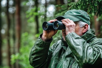 Fototapeta premium Elderly Man Observing Nature with Binoculars in Green Forest