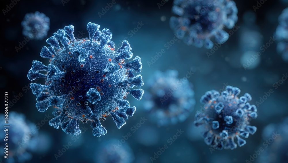 Poster microscopic view of a virus, detailed rendering showing its intricate structure and spiky .