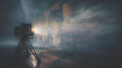 Old Film Projected in the Fog	An antique film projector sends black and white images across thick fog, where scenes from the past appear and blur.
